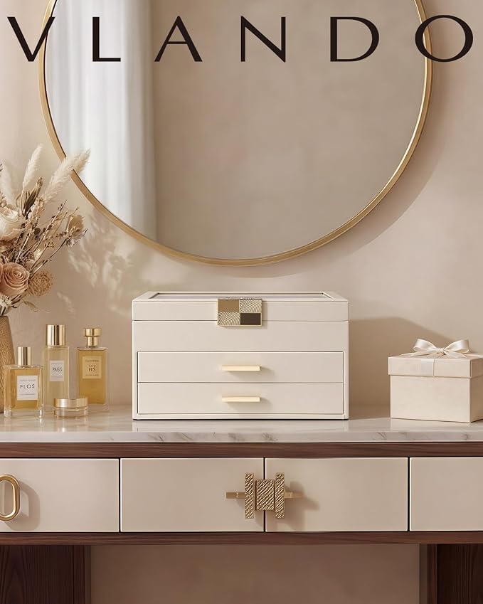 VLANDO Jewelry Box Organizer for Women, 3-Layer Jewelry Storage Case with Glass Lid, Gold Handle, 2 Drawers for Rings, Earrings, Necklaces and Bracelets - Cloud White