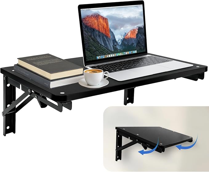 Folding Wall Desk for Small Space, Black 21.7″ Wooden Floating Table | Foldable Shelf Wall Mounted for Office Living Room Bedroom, Media Projector Shelves with 2 Heavy-Duty Brackets Holds Up 80lbs