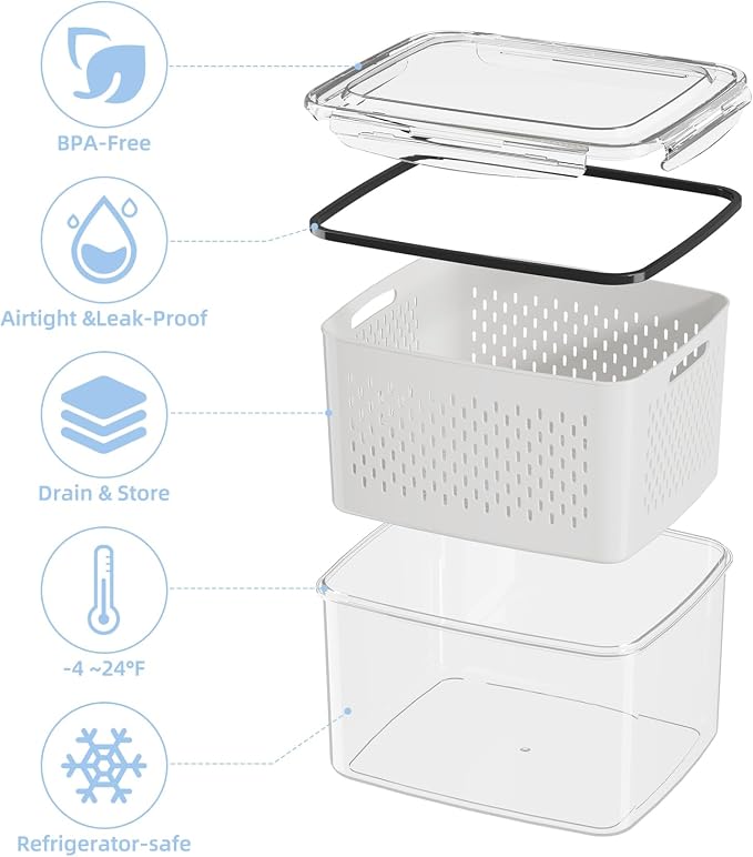 Fruit Storage Container for Fridge with Removable Colander, 8 Pack | Leakproof Produce Containers for Fridge, Airtight Food Storage Container, Keep Fruit, Veggies, Berry, Salad Fresh Longer