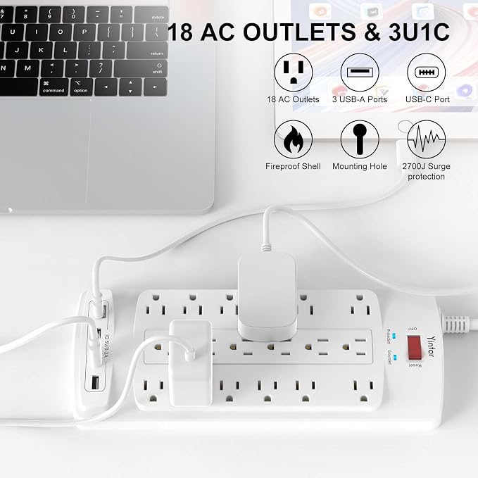 Surge Protector Power Strip, Yintar 6 Feet Flat Plug Heavy Duty Extension Cord with 18 Widely Outlets and 4 USB Ports, 2100 Joules, ETL Listed, White