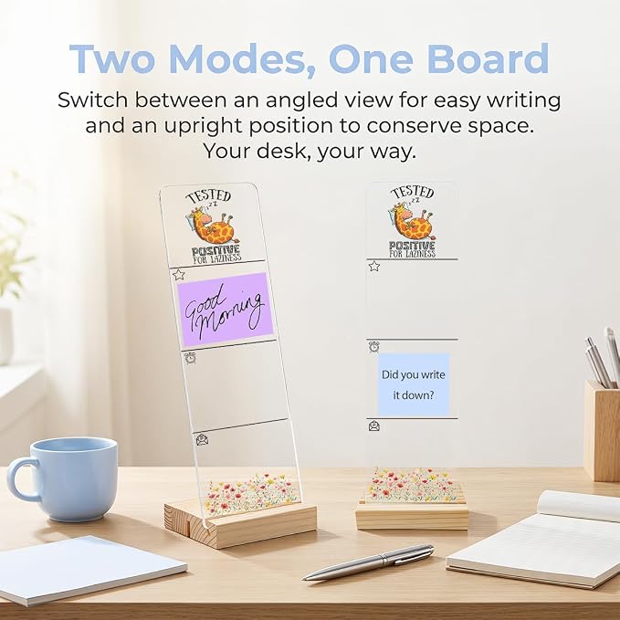 Sticky Note Holder, Monitor Memo Board, Acrylic Post It Note Holder with Wooden Base, Includes 200 Notes, Desk Organizer, Funny Giraffe Quote “Tested Positive for Laziness”
