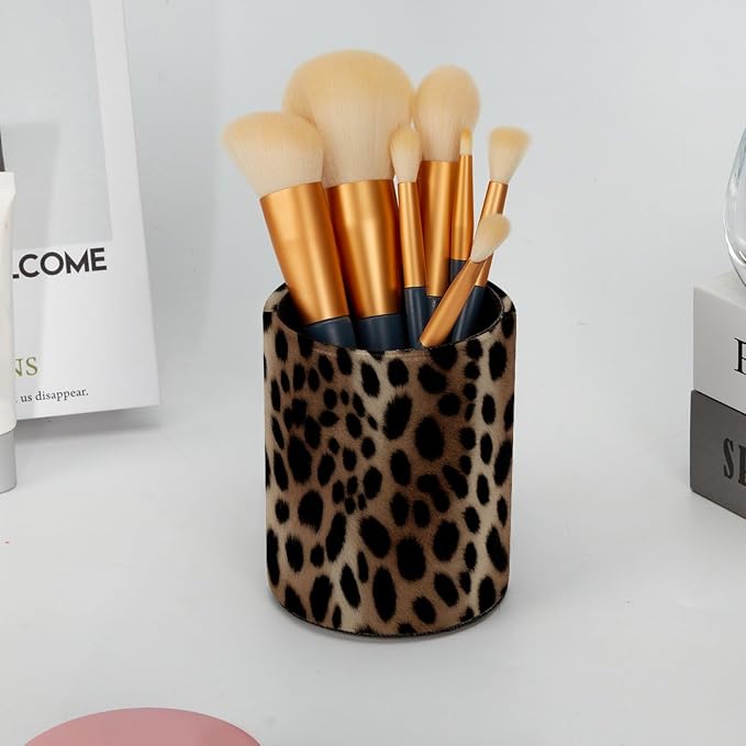 Faux Leather Pen Holder for Desk, Pencil Organizer Leopard Print Pen Cup Desk Decor Makeup Brush Holder Storage for Office Home