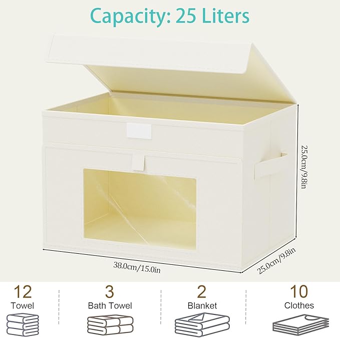 Transparent Window Storage Bin, Cube Organizer Basket with Flip-Top Lid and 2 Handles, Decorative Boxes with Cover, 4 Pack, Beige, 15 x 9.8 x 9.8 In, XSNY17BEL-4