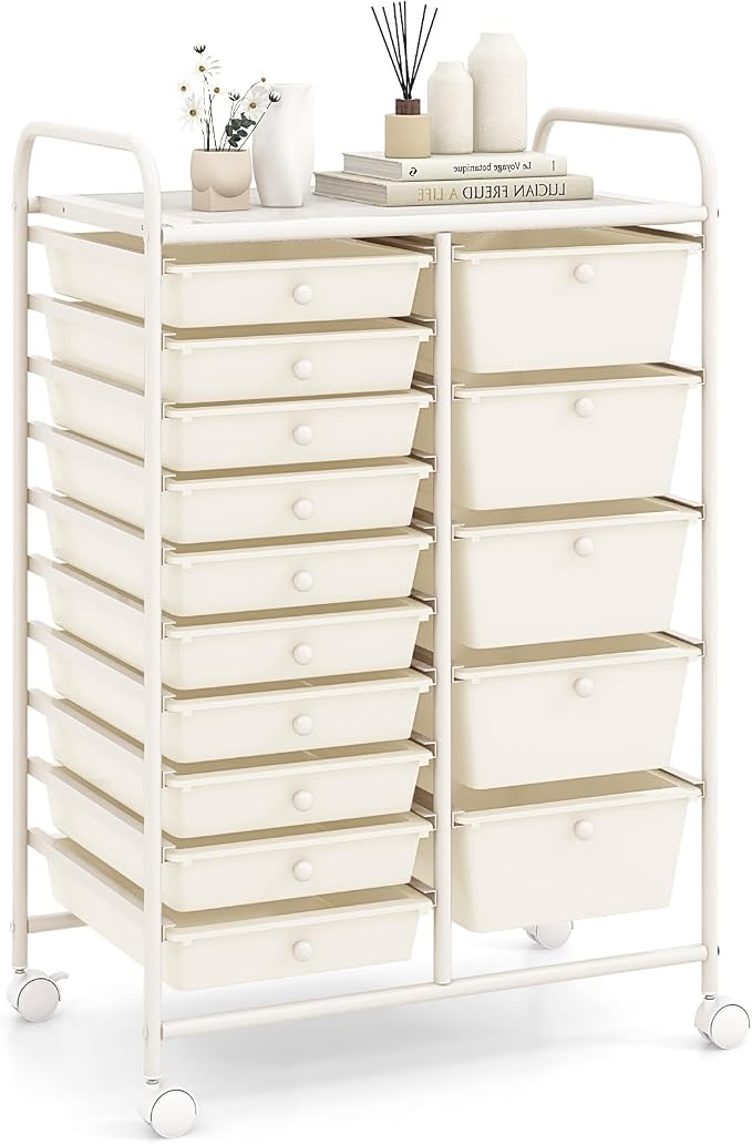 RELAX4LIFE 15-Drawer Storage Drawer Carts - Mobile Rolling Utility Cart w/Wheels, Craft Organizer for Classroom Organization and Storage, School, Office, Home, Storage Organizer Cart (White)