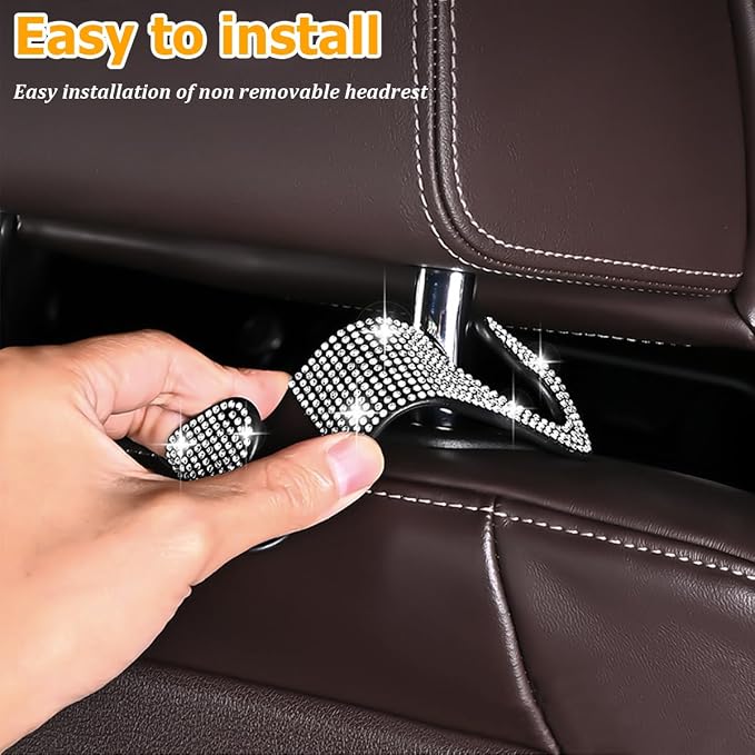 Zpana 4PCS Bling Car Seat Headrest Hooks, Vehicle Back Seat Purse Handbag Hanging Holder with Crystal Rhinestone, Diamond Storage Organizer Hook, Universal Automotive Accessories (Black/Pink)