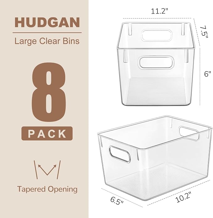 Hudgan Set of 8 Clear Plastic Storage Bins, 8 Large Storage Containers for Pantry Organizers, Home Edit, Kitchen Cabinet, Refrigerator, Under Sink Organization, Bathroom, Office