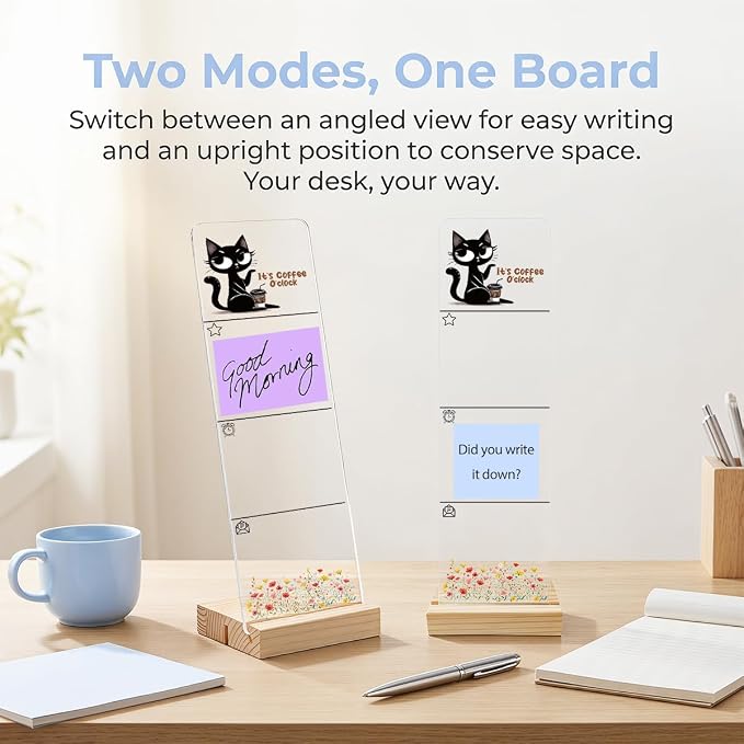Sticky Note Holder, Monitor Memo Board, Acrylic Post It Note Holder with Wooden Base, Includes 200 Notes, Desk Organizer, Funny Black Cat Quote “It’s Coffee O’Clock”