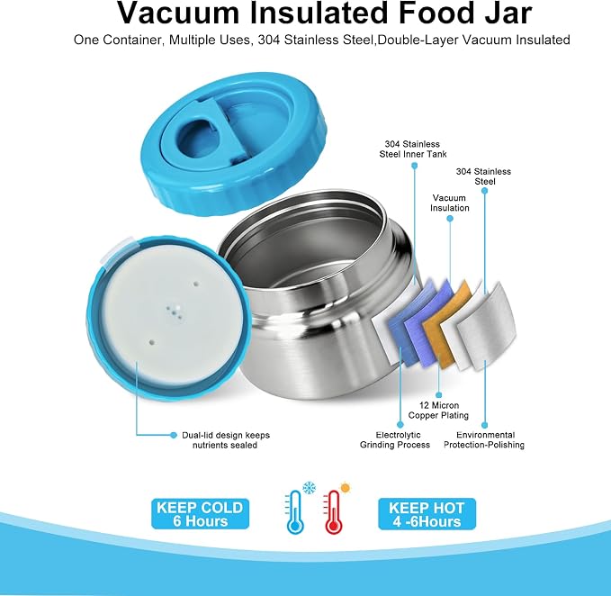 Vacuum Insulated Food Container for Hot & Cold Food, Kids Easy to Open No Twisting Lid, BPA-free，Leak Proof (blue)