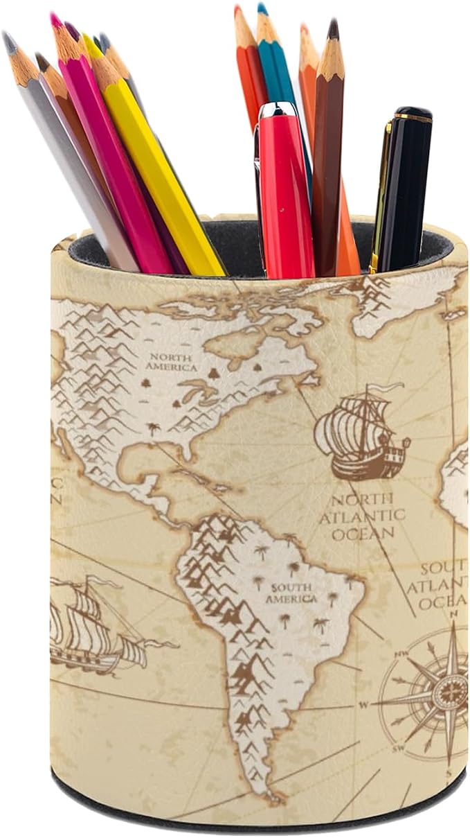 Vintage World Map Pen Holder Pencil Cup for Desk Organizer | Cute Makeup Brush Holder PU Multifunctional Office Suppliesfor Decor Home Classroom School