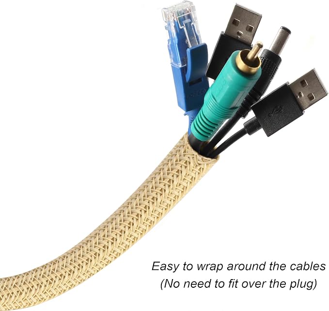 Cable Management Sleeve, Split Design, 25FT - 1/2 Inch, Beige | Cord Protectors from Pets | Heat & Abrasion Resistant Wire Loom | Automotive Wiring & Home Office Cable Organization