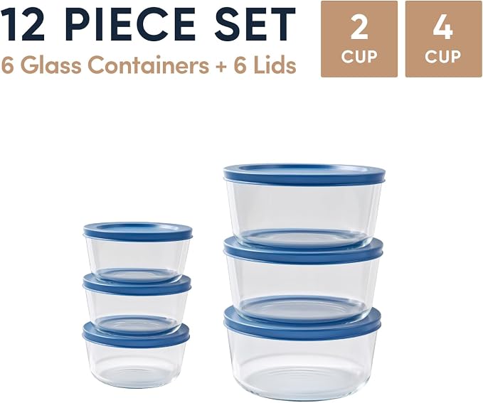 12-Piece Glass Food Storage Containers Set (6 Containers + 6 BPA-Free Lids) | 2-Cup & 4-Cup, Leakproof | Microwave, Freezer, Oven & Dishwasher Safe | Ideal for Meal Prep & Pantry Organization, navy