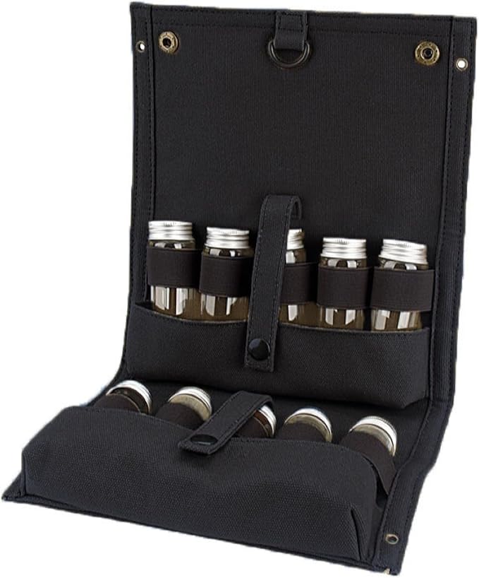 Travel Spice Kit, Portable Spice Bag with 10 Spice Jars, Canvas Seasoning Storage Bag Organizer, Seasoning Bottle Holder with Mini Condiment Bottle, Condiment Container Set for Camping BBQ(Black)