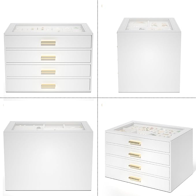 AKOZLIN Jewelry Box with Clear Lid Functional Leather Jewelry Storage Organizer Case 4 Drawers for Women Girls Necklace Ring Bracelet Earring