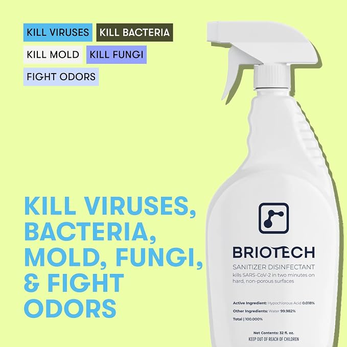 BRIOTECH Sanitizer Disinfectant Hypochlorous Spray, Kill 99.99% of Viruses & Bacteria, Control Mold, Eliminate Odor, Gentle for Nurseries, Food Contact Surface Sanitizer, 2 fl oz Travel Size (2 Pack)