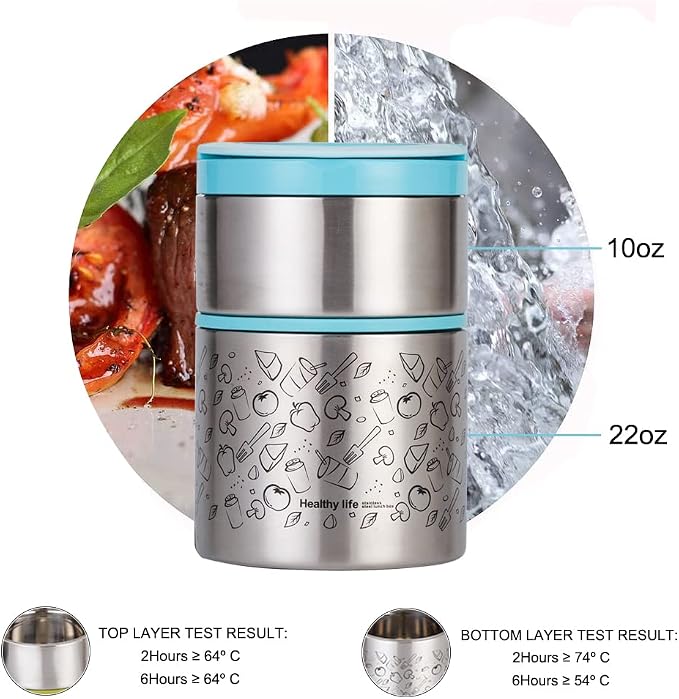 Lille Home 2 Tier Vacuum Insulated Stainless Steel Thermal Lunch Box,32OZ | 2 Tier Bento Food Container with Lunch Bag, Leakproof Wide Mouth Bento Box for Cold/Warm Food, Portion Control, Blue