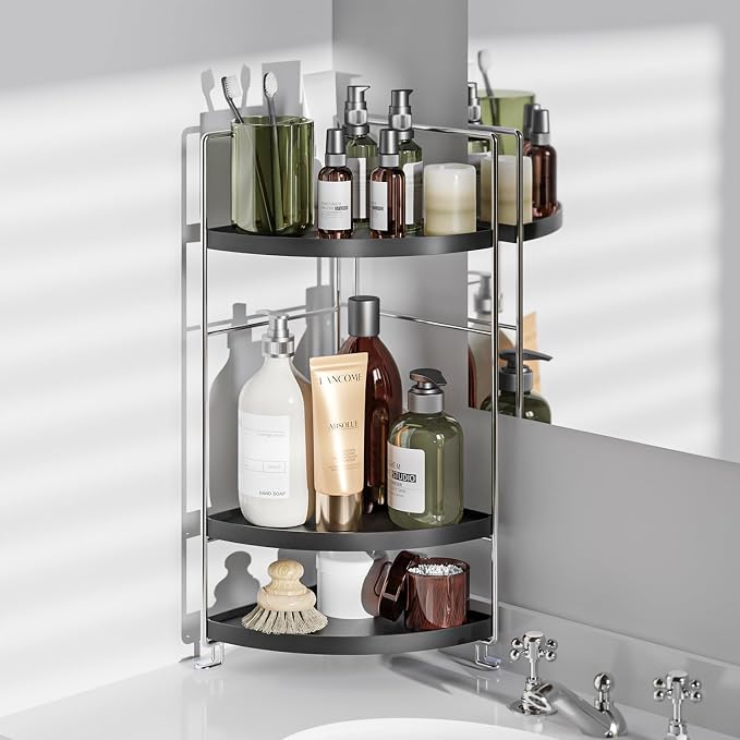 3 Tier Bathroom Corner Organizer Countertop, Vanity Counter Skincare Makeup Storage Shelf, Bathroom Sink Countertop Organizer, Black