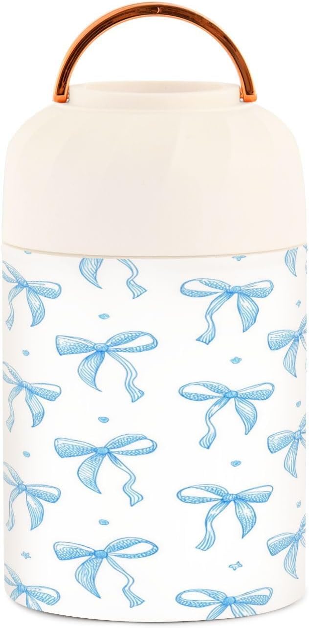 Blue Ribbon Bow Vacuum Insulated Food Jar with Spoon, 17oz Stainless Steel Hot Cold Lunch Container, Wide Mouth Leakproof Soup Thermo for Kids Adults