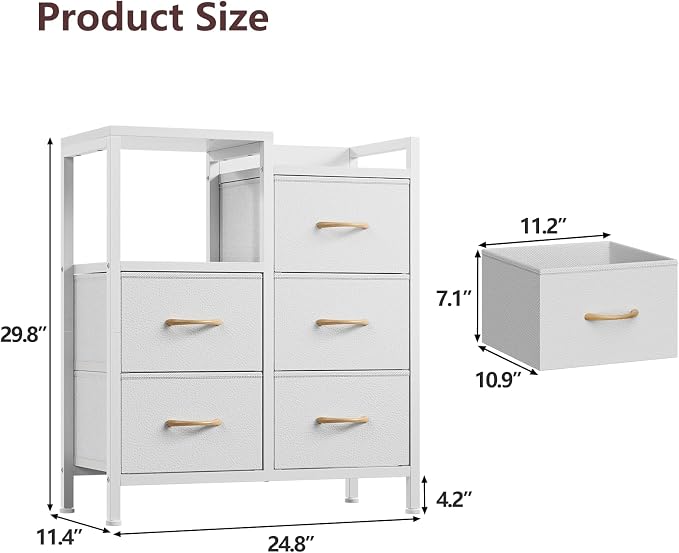 Furnulem White Dresser for Bedroom, 5 Drawer Small Fabric Closet Dresser | Small Chest of Drawers, Storage Cabinet Organizer with 2 Tier Shelf, Closet Drawer Units with Metal Frame, Dresser for Dorm