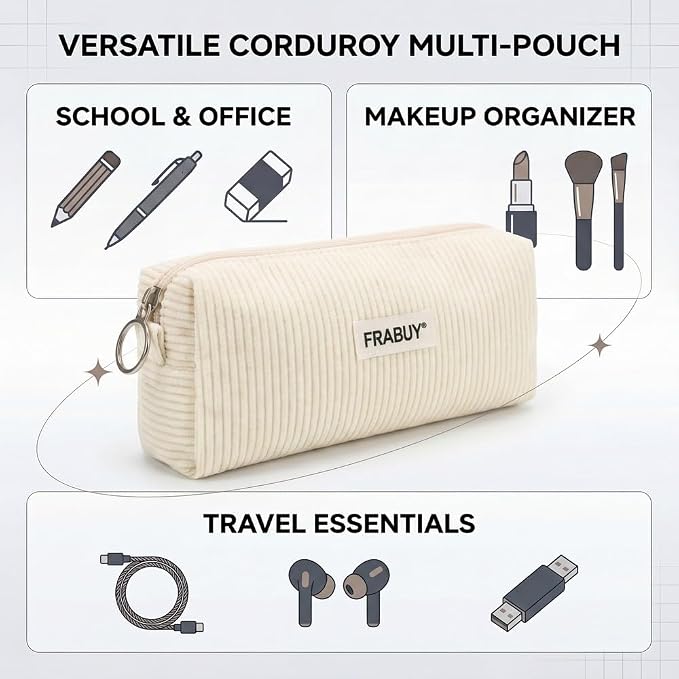 Soft Corduroy Pencil Case Pen Pouch Organizer, Small Stationery Bag | Cute white pencil pouch, smooth zipper, daily cosmetics holder, compact organizer for school teen girls, women