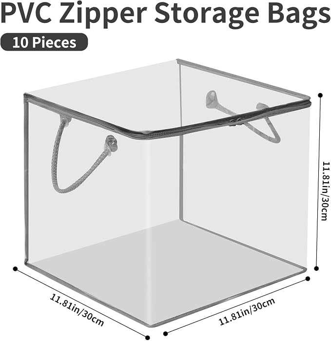 10 PCS Clear Zippered Storage Bags with Handles,Sweater Storage with Two-way Zipper,Foldable Closet Organizer Bed Sheet Organizer,Cube Plastic Organizer,Bag,Bin,for Clothes,Towel-GY