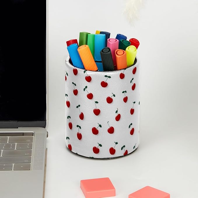Faux Leather Pen Holder for Desk, Pencil Organizer Love Cherry Pen Cup Desk Decor Makeup Brush Holder Storage for Office Home