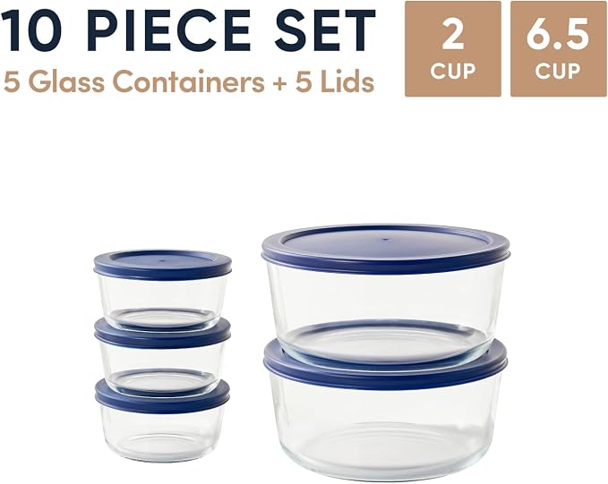 10-Piece Glass Food Storage Containers Set (5 Containers + 5 BPA-Free Lids) | 2-Cup & 6.5-Cup, Leakproof | Microwave, Freezer, Oven & Dishwasher Safe | Ideal for Meal Prep & Pantry Organization, Blue