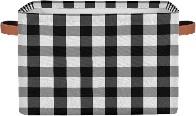 Rectangular Storage Bins Black White Gray Check Plaid Collapsible Fabric Storage Basket Organizer with Handles for Nursery Bedroom Bathroom