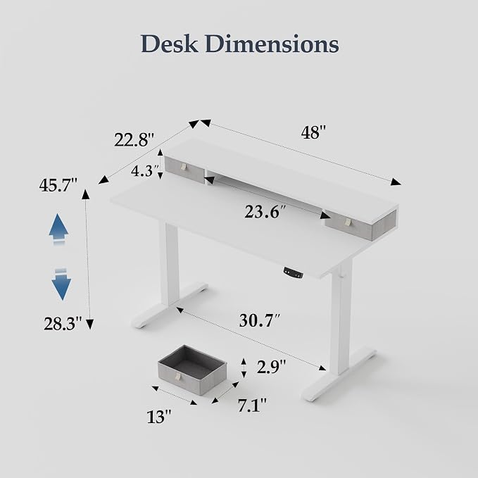 Klicelor 48 x23 Inch Electric Standing Desk with Drawers, Adjustable Height Small Sit Stand Desk for Home Office, Compact Computer Workstation with Storage– White