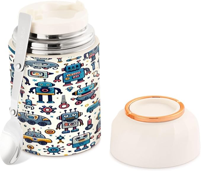 Qilmy Cute Robot Pattern Insulated Food Jar with Spoon, 17oz Stainless Steel Vacuum Lunch Container, Leakproof Hot & Cold Thermo Soup Jar for Kids & Adults