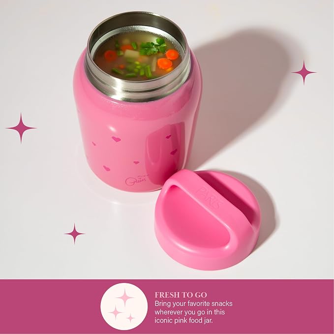 Paris Hilton Stainless Steel Food Jar, Double Wall Vacuum Sealed Insulated Food Storage Container with Carry Handle Lid, 24-Ounce, Pink with Heart Design