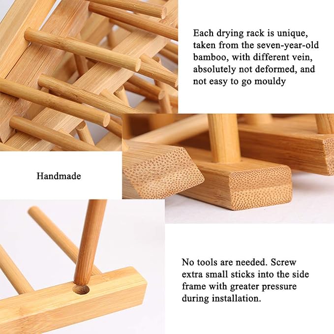 LZYMSZ Set of 2 Bamboo Wooden Dish Rack, Plate Rack Stand Pot Lid Holder, Kitchen Cabinet Organizer for Bowl, Cup, Cutting Board and More