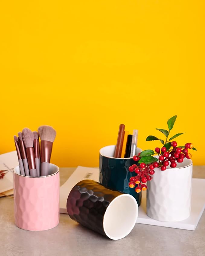 WHJY Ceramic Pink Pencil Cup, Makeup brushes Holder, Gold Pen Holder for Desk Cute Small Boho Brush Holder, Modern Geometry Design Pen Holder