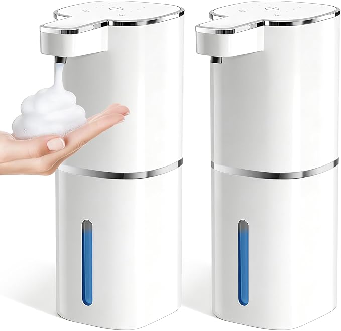 RYTOXILO Automatic Foaming Soap Dispenser Touchless, 2 Pack White Auto Foam Soap Dispensers for Bathroom and Kitchen, 15 Fl Oz Plastic Electric Dish Foamy Dispensers Wall Mount with 1200 mAh Battery