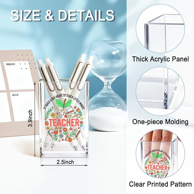 It Takes A Big Heart To Teach Little Minds Acrylic Cosmetic Pencil Holder Cup, Teacher Appreciation Gifts for Women, Office Desk Accessories for Teacher, Pen Organizer, Preschool Teacher Gifts