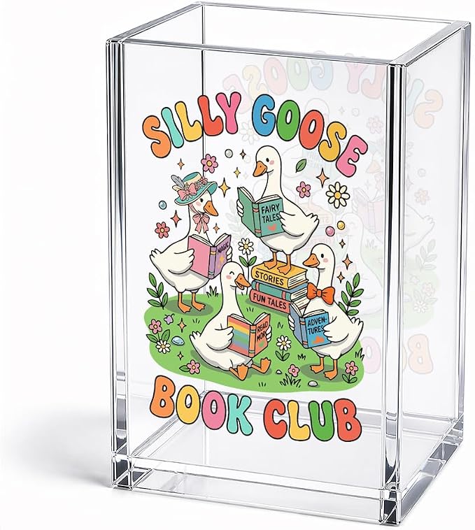 Funny Silly Goose Book Club Acrylic Pencil Holder Cup | Goose Bookmark Holder for Reader Bookish Bookworm Librarian Book Club, Desk Organizer Gifts for Teacher Geese Book Lover