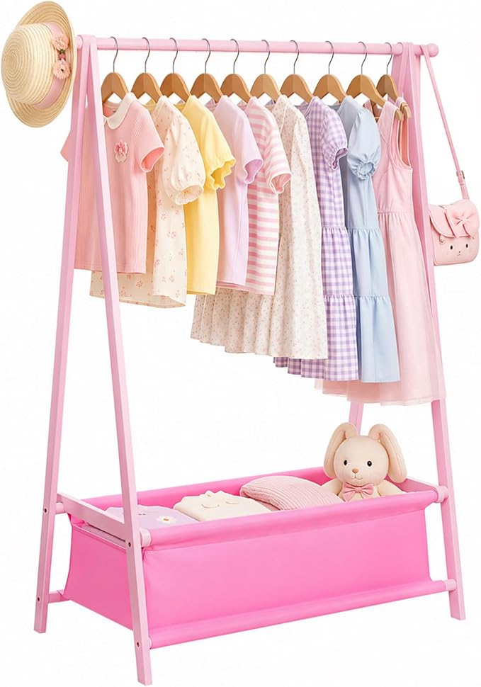 Homde Sturdy Kids Clothes Rack: 66 lb Capacity for Growing Wardrobe Needs | Hanging Rod Holds Clothes, Basket Stores Items Below - Helps Kids Build Tidy Habits - Angled Bamboo Side Frames Add Stability