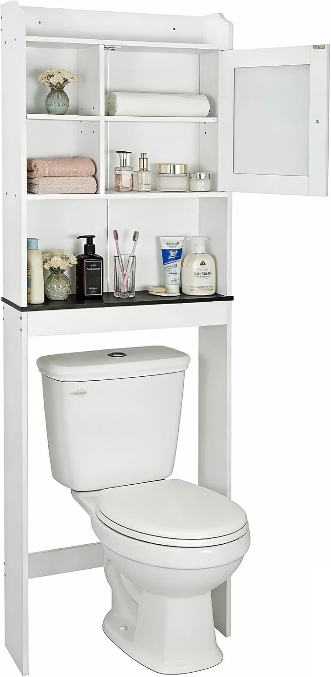 ZENY Over The Toilet Storage Cabinet, Bathroom Organizer with Adjustable Shelf and Double Doors, Freestanding Bathroom Space Saver Toilet Rack (White)