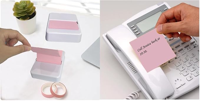 Notes Dispenser 3 x 3 inches Sticky Note Holder with 100- Sheet Pad Notes | 3 x 3 inches, White, Pink sticky note paper，Non-Slip Base Notes Container Dispensing for Home, Office & School Use