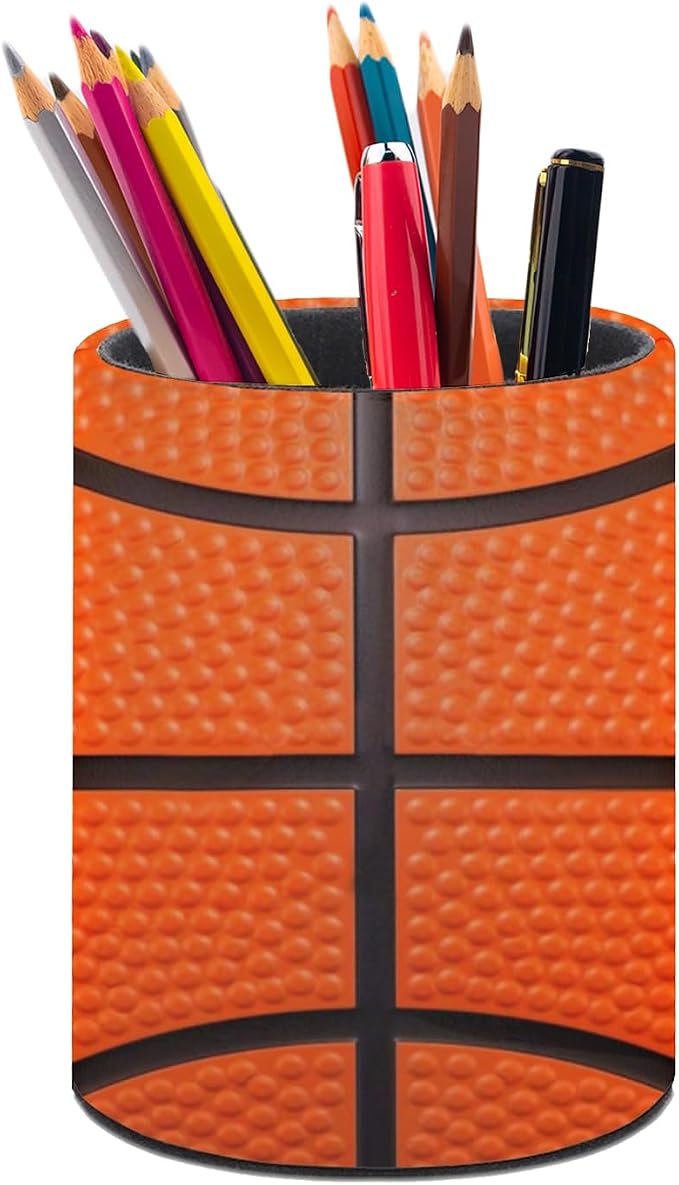 Basketball Texture Pen Holder Pencil Cup for Desk Organizer | Cute Makeup Brush Holder PU Multifunctional Office Suppliesfor Decor Home Classroom School