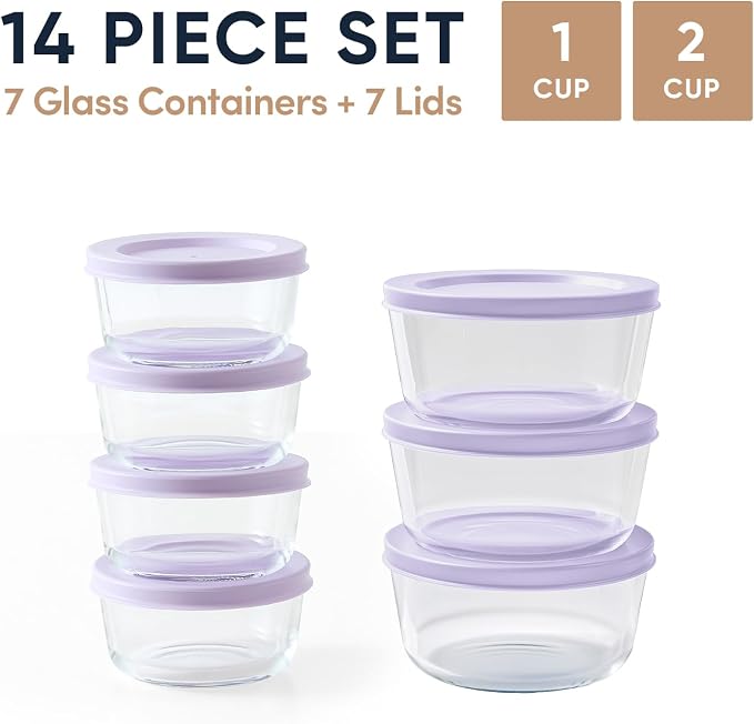 14-Piece Glass Food Storage Containers Set (7 Containers + 7 BPA-Free Lids) | 1-Cup & 2-Cup, Leakproof | Microwave, Freezer, Oven & Dishwasher Safe | Ideal for Meal Prep & Pantry Organization, Purple
