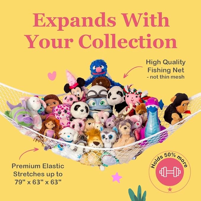 Lilly's Love Large Stuffed Animal Hammock | Corner Hanging Organizer, Stuffed Animal Storage | Easy to Hang Plushie Net w/Included Anchors & Hooks | Cute Room & Bedroom Decor (Light Blue)