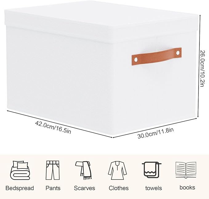 3 Pack Storage Boxes with Lids, Storage Baskets for Shelves, Decorative Linen Closet Organizers with Handles, White, 16.5 x 11.8 x 10.2 Inch