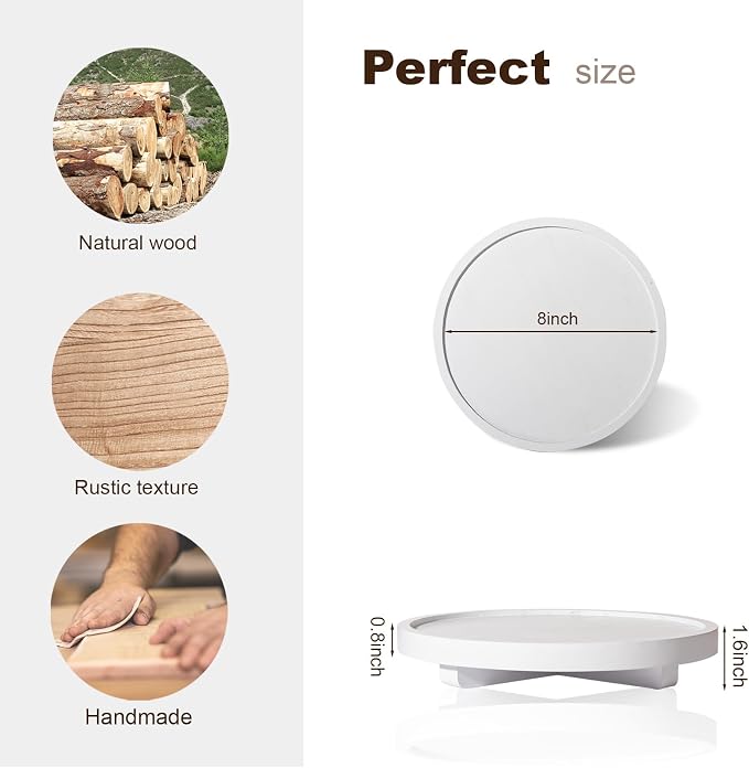 Round Decorative Tray Farmhouse Kitchen Decor Soap Dish, 8" White | Waterproof, Lightweight, Easy Clean, Wood Riser Pedestal Stand Accessories for Office Desk, Vanity, Counter, Sink