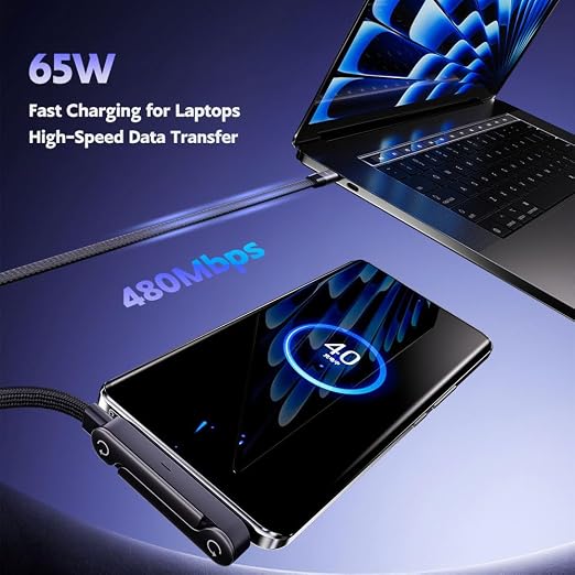 NKV USB A to USB C Cable， 65W Fast Charging Cable 5 FT， Invisible Stand Charging Cable，Flat USB c Cable,USB c Cable Right Angle，for iPhone 17 Series, Samsung Galaxy S25 S24 Ultra etc (Black)