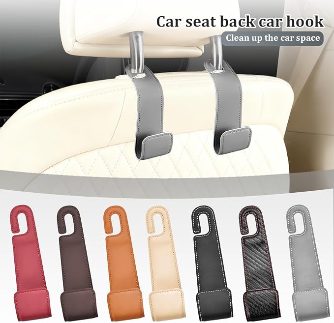 Osilly 2PCS Car Seat Headrest Hook, Leather Stylish Vehicle Backseat Hanger Organizer for Purse Handbag Umbrella, Automotive Seat Back Hanging Storage Holder Hook, Universal for Vehicles (Brown)