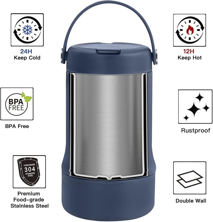 Ideus Soup Thermo with Foldable Spoon and Bowl 20oz, All-in-one Insulated Bento Lunchbox Stainless Steel Leakproof Portable Soup Container Vacuum Thermal Food Jar for Lunch, Navy Blue