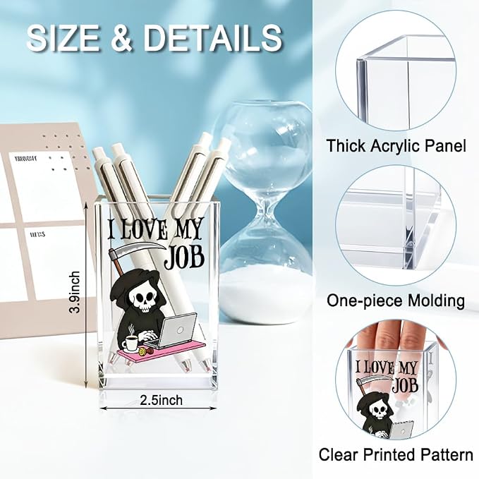 I Love My Job Acrylic Makeup Brush Pencil Holder Cup, Funny Grim Reaper Pen Holder For Friends HR Nurse, Office Sarcastic Gifts for Women Coworker Employees, Gag Gifts for Office Desk