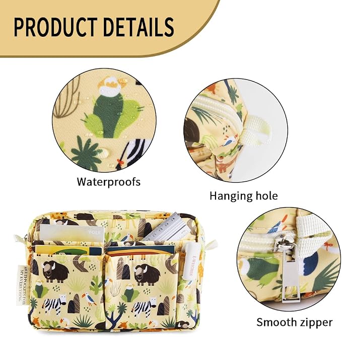 E-WEICHEN Multiple Pockets Portfolio Organizer with Zippered, Makeup Bag Travel Essentials for Women, Simple Waterproof Stationery Pencil Pouch Bag for Journal Office Art Supplies.Smart Cow