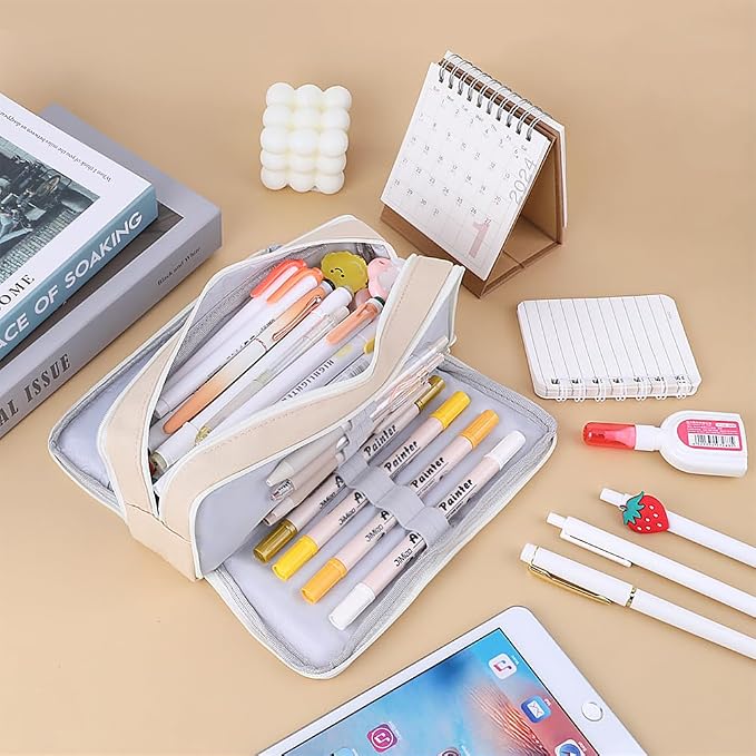 iSuperb 3 Compartments Pencil Case Pouch Big Capacity Pencil Organizer Canvas Holder Oxford Stationery Storage Kids Teen Girls Boys Student School Supplies Cosmetic Makeup Bag
