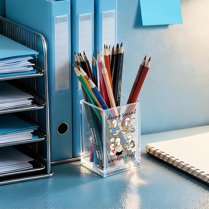Doing Social Worker Stuff Acrylic Cosmetic Pencil Holder Cup, Silly Goose Pen Holder for Office Desk Accessories for Social Worker, MSW Appreciation Gifts, Marker Holder, MSW Thank You Gifts